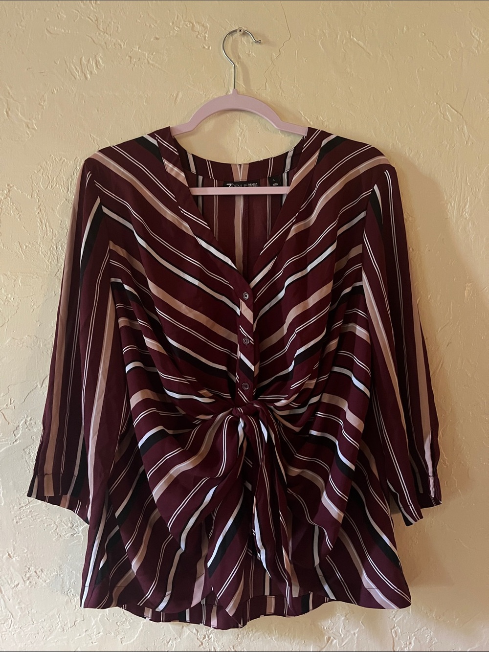 Striped Burgundy Tie-Front Button-Up Blouse